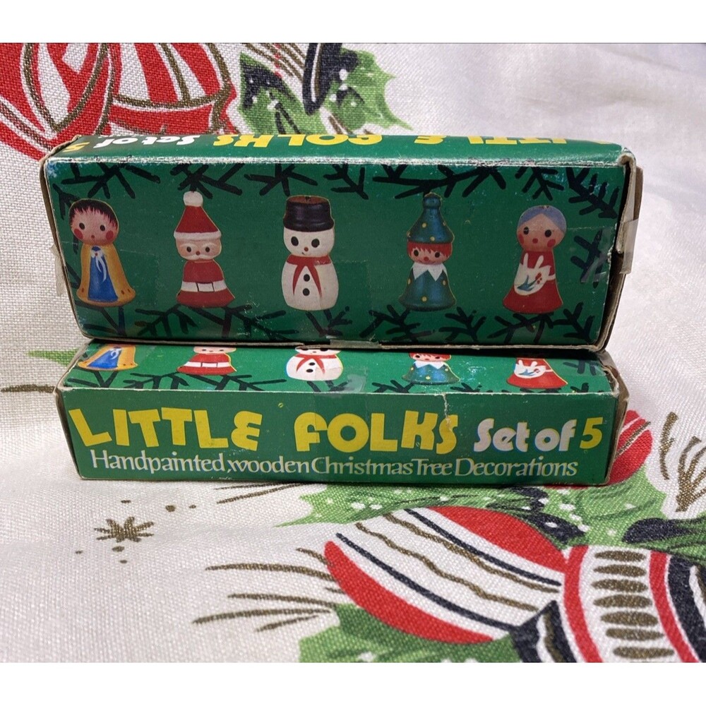 ✨2X VTG 1980 LITTLE FOLKS WOODEN HAND PAINTED CHRISTMAS ORNAMENTS SET OF 5 NOS✨